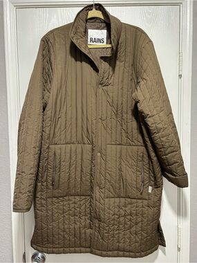 RAINS Women Long Liner Quilted Jacket in Brown Size Large